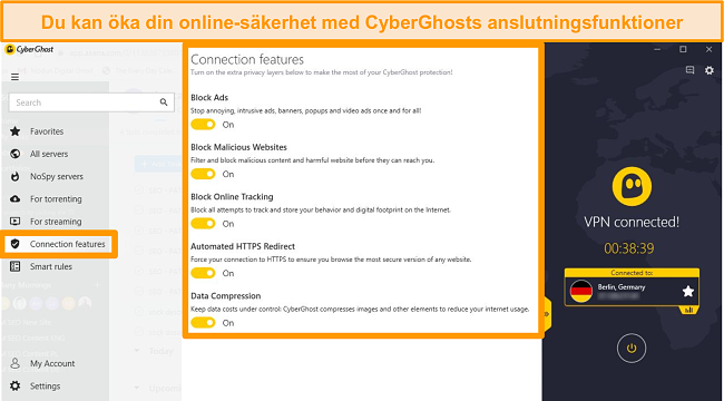 Sk&auml;rmdump av CyberGhost-anslutningsfunktioner f&ouml;r att f&ouml;rb&auml;ttra s&auml;kerheten online
