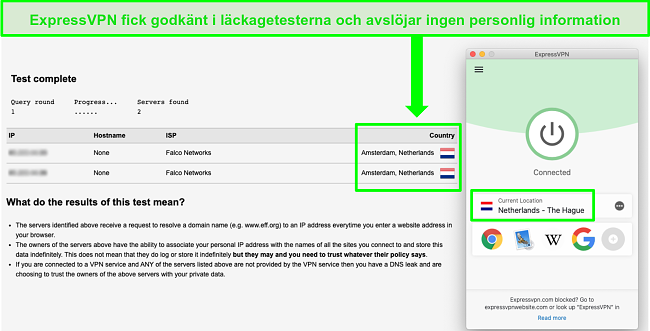 Sk&auml;rmdump av ExpressVPN som passerar ett DNS-l&auml;ckagetest n&auml;r den &auml;r ansluten till svenska servrar