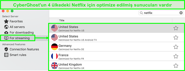 Netflix akışı i&ccedil;in optimize edilmiş sunucuları g&ouml;steren CyberGhost uygulama aray&uuml;z&uuml;n&uuml;n ekran g&ouml;r&uuml;nt&uuml;s&uuml;
