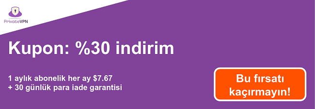 7,67 $ 'a 1 aylık abonelik i&ccedil;in &ccedil;alışan bir PrivateVPN kuponu ve 30 g&uuml;nl&uuml;k para iade garantisi grafiği