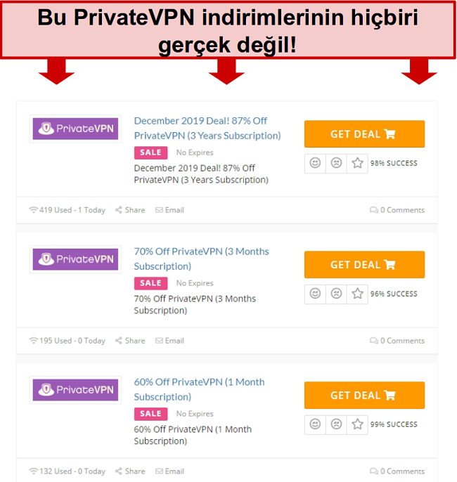 Yanlış fiyatlar g&ouml;steren PrivateVPN fırsatlarının ekran g&ouml;r&uuml;nt&uuml;s&uuml;