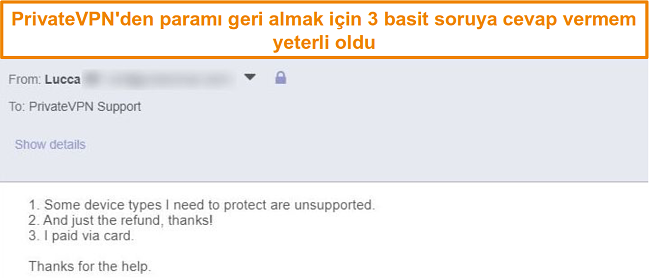 E-posta yoluyla PrivateVPN iadesi talep etmek i&ccedil;in yanıtların ekran g&ouml;r&uuml;nt&uuml;s&uuml;