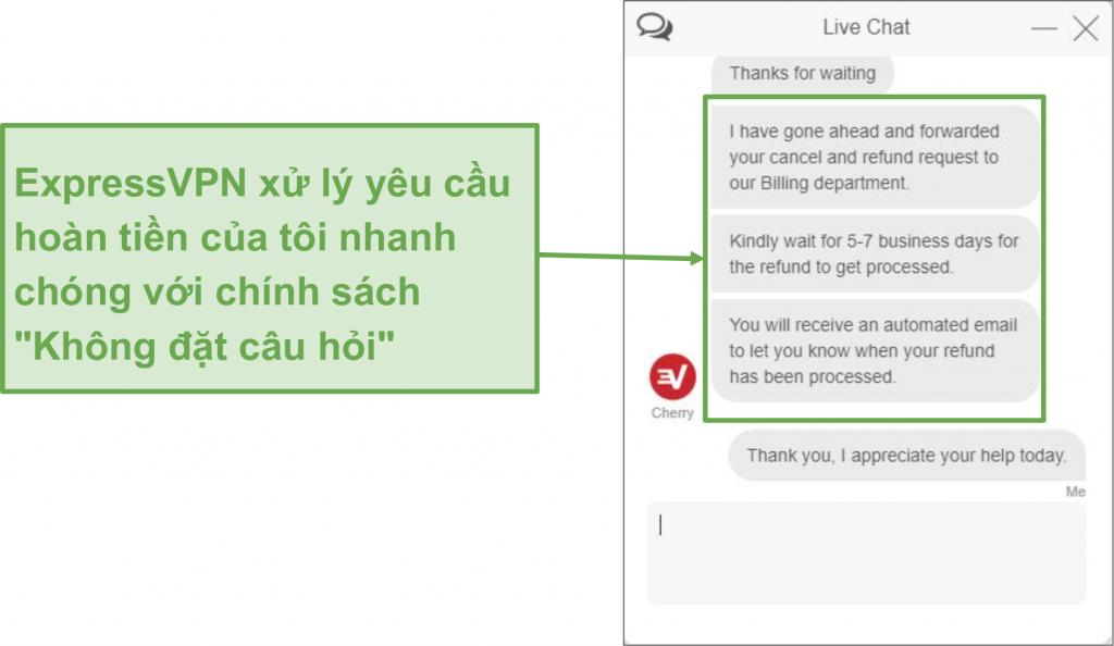 Ảnh chụp m&agrave;n h&igrave;nh của người d&ugrave;ng y&ecirc;u cầu ho&agrave;n lại tiền từ ExpressVPN qua tr&ograve; chuyện trực tiếp với bảo đảm ho&agrave;n lại tiền trong 30 ng&agrave;y
