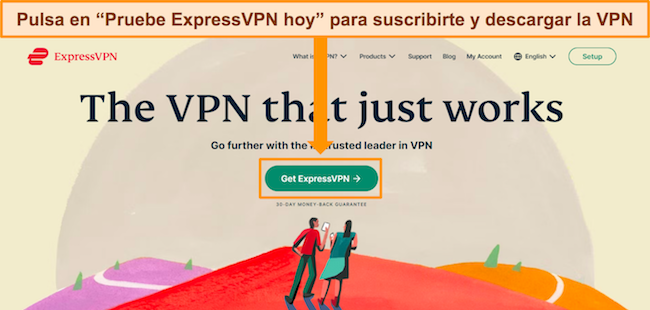 Captura de pantalla de la p&aacute;gina de inicio del sitio web de ExpressVPN con el bot&oacute;n "Obtener ExpressVPN" resaltado.