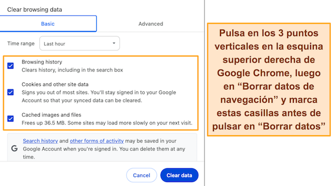 Captura de pantalla de la configuraci&oacute;n de 'borrar datos de navegaci&oacute;n' en Google Chrome