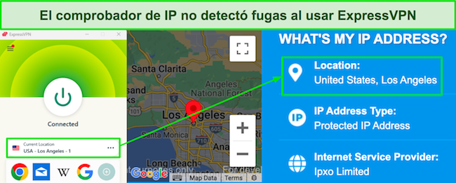 Captura de pantalla de la herramienta de b&uacute;squeda de IP que no muestra fugas cuando ExpressVPN est&aacute; conectado a un servidor en Los &Aacute;ngeles