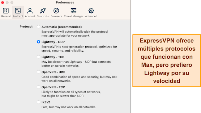 Captura de pantalla de las opciones de protocolo disponibles en la aplicaci&oacute;n macOS de ExpressVPN