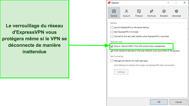 Capture d'&eacute;cran de la fonction de verrouillage r&eacute;seau d'ExpressVPN