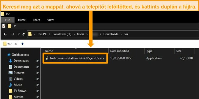 A Tor telep&iacute;tő k&eacute;pernyők&eacute;pe a let&ouml;lt&eacute;si mapp&aacute;ban a Windows 10 rendszeren