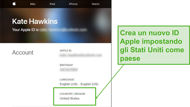 Crea un nuovo ID Apple e cambia il paese negli Stati Uniti.