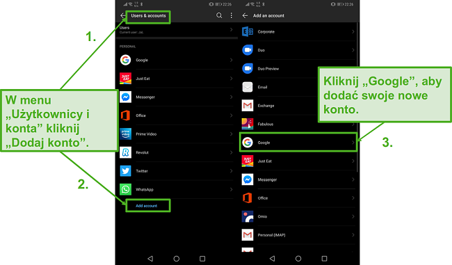Utw&oacute;rz nowe konto Google na urządzeniu z Androidem, klikając "Dodaj konto" i "Google".