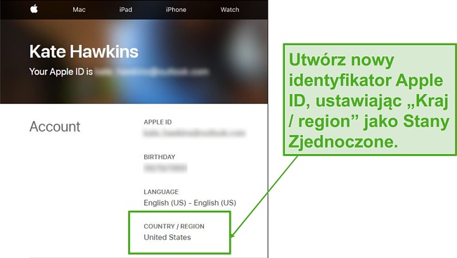 Utw&oacute;rz nowy identyfikator Apple ID i zmień kraj na STAN ZJEDNOCZONY.