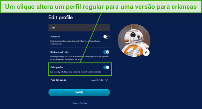 Mude um perfil regular no Disney+ para um perfil amigo das crian&ccedil;as com um clique.