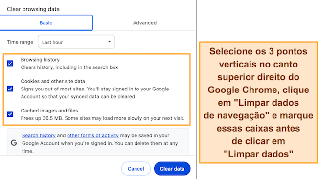 Captura de tela das configura&ccedil;&otilde;es de &lsquo;limpar dados de navega&ccedil;&atilde;o&rsquo; no Google Chrome
