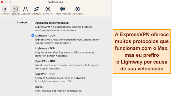 Captura de tela das op&ccedil;&otilde;es de protocolo dispon&iacute;veis no aplicativo macOS da ExpressVPN