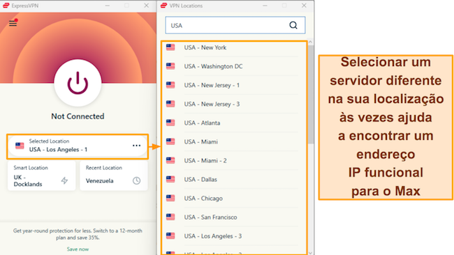 Captura de tela das op&ccedil;&otilde;es de servidor ExpressVPN nos EUA