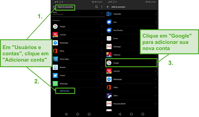 Crie uma nova conta Google no seu dispositivo Android clicando em "Adicionar conta" e "Google".