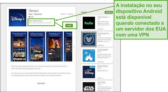 Assim que ligar a um servidor dos EUA, pode facilmente instalar o Disney+ no seu Android.