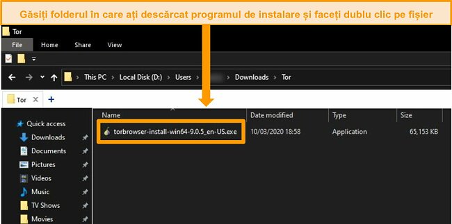 Screenshot a instalatorului Tor &icirc;n folderul de descărcare pe Windows 10