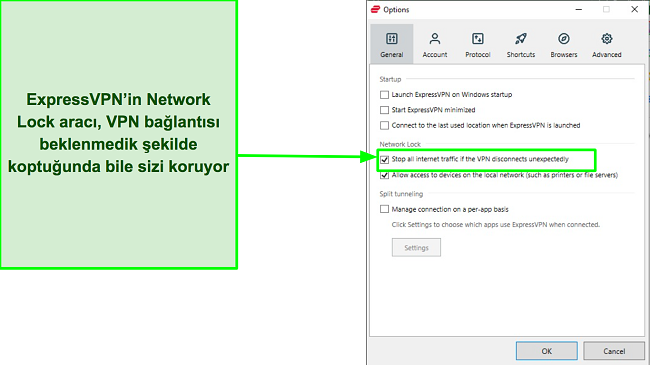ExpressVPN'in Ağ Kilidi &ouml;zelliğinin ekran g&ouml;r&uuml;nt&uuml;s&uuml;