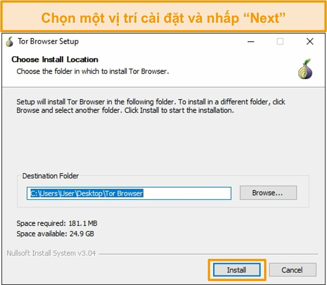 Ảnh chụp m&agrave;n h&igrave;nh c&agrave;i đặt tr&igrave;nh duyệt Tor tr&ecirc;n Windows 10