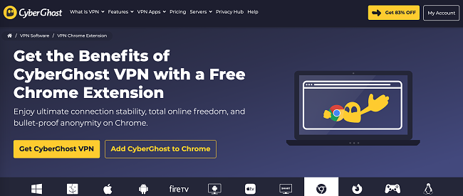 Capture d'&eacute;cran de la page de t&eacute;l&eacute;chargement de CyberGhost pour son proxy d'extension de navigateur Chrome