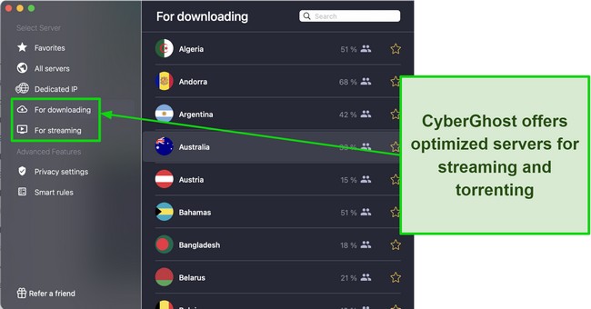 Screenshot showing optimized server selections in CyberGhost