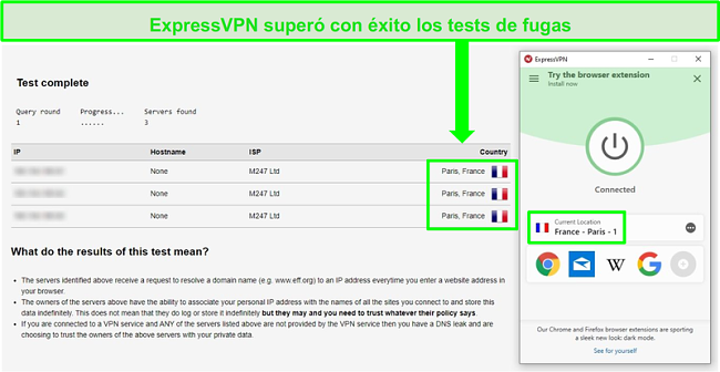 Captura de pantalla de ExpressVPN conectada a un servidor de Par&iacute;s y pasar una prueba de p&eacute;rdida de DNS y direcci&oacute;n IP