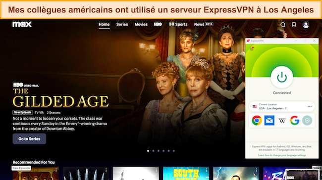Capture d'&eacute;cran de la page d'accueil de Max aux &Eacute;tats-Unis alors qu'ExpressVPN est connect&eacute; &agrave; un serveur &agrave; Los Angeles