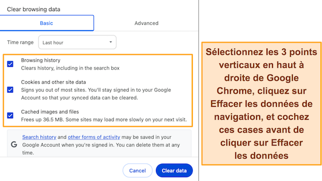 Capture d'&eacute;cran des param&egrave;tres &laquo; Effacer les donn&eacute;es de navigation &raquo; sur Google Chrome
