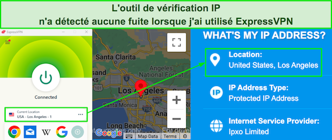 Capture d'&eacute;cran de l'outil de recherche IP ne montrant aucune fuite lorsqu'ExpressVPN est connect&eacute; &agrave; un serveur &agrave; Los Angeles
