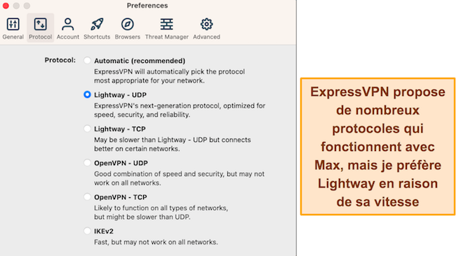 Capture d'&eacute;cran des options de protocole disponibles dans l'application macOS d'ExpressVPN