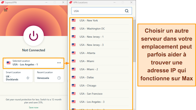 Capture d'&eacute;cran des options de serveur d'ExpressVPN aux &Eacute;tats-Unis