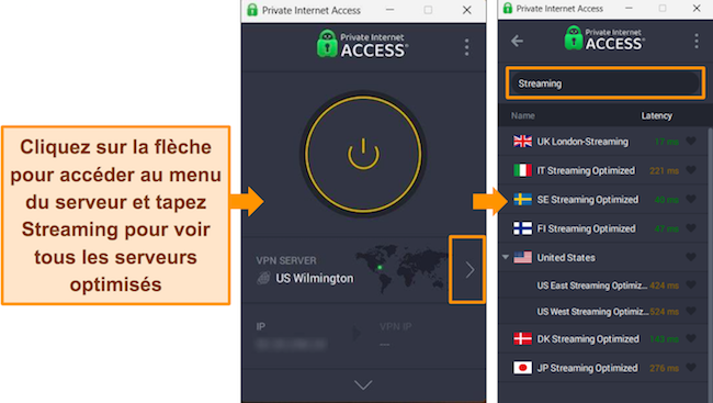 Capture d'&eacute;cran des serveurs de streaming de PIA