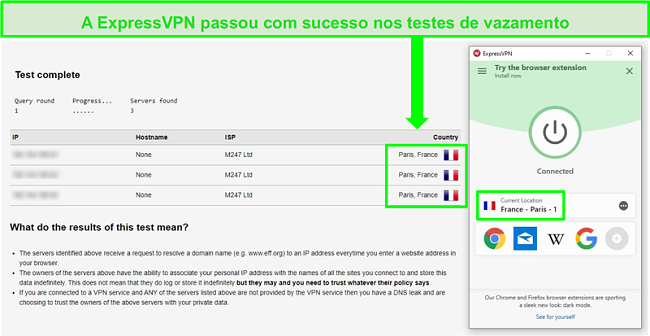 Screenshot do ExpressVPN ligado a um servidor de Paris e a passar um teste de fuga de endere&ccedil;o DNS e IP