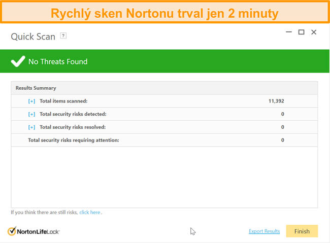 Screenshot v&yacute;sledku rychl&eacute;ho skenov&aacute;n&iacute; Norton 360