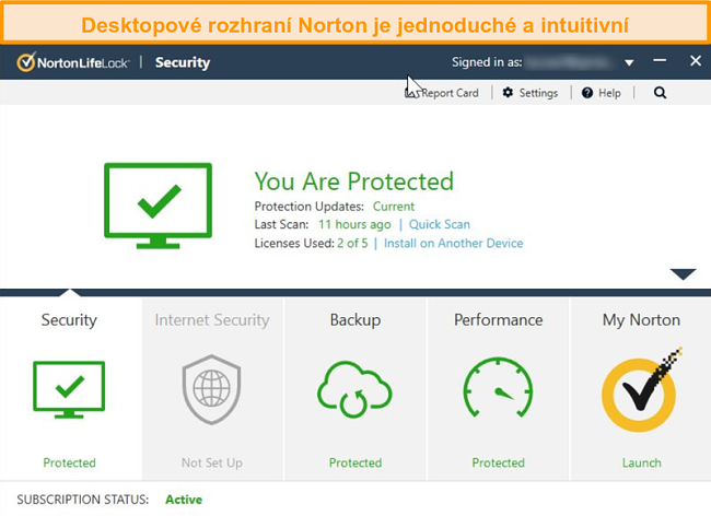 Screenshot domovsk&eacute; str&aacute;nky Norton 360 ve Windows