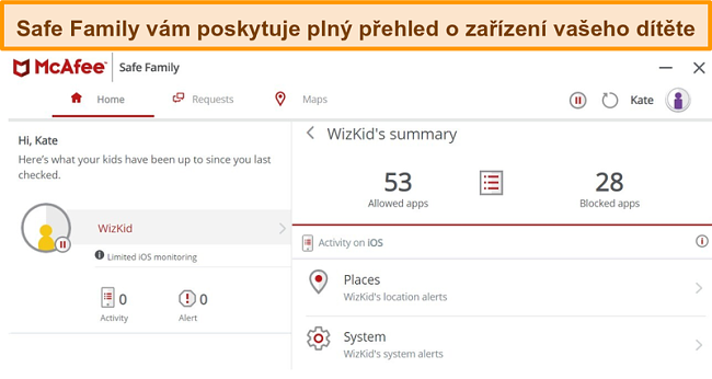 Screenshot funkce rodičovsk&eacute; kontroly McAfee Safe Family propojen&eacute; s iPhone