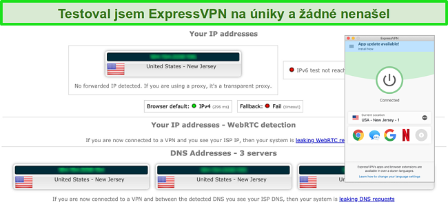 Snímek obrazovky s protokolem ExpressVPN úspěšně předával test úniku IP, WebRTC a DNS při připojení k serveru v USA