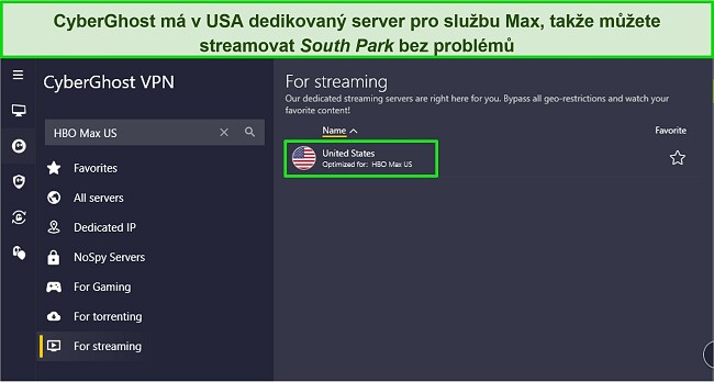 Obr&aacute;zek aplikace CyberGhost pro Windows zv&yacute;razňuj&iacute;c&iacute; vyhrazen&yacute; streamovac&iacute; server HBO Max.