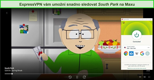 Sn&iacute;mek obrazovky streamov&aacute;n&iacute; 26. sez&oacute;ny South Park na Max, s ExpressVPN připojen&yacute;m k serveru USA-New York.