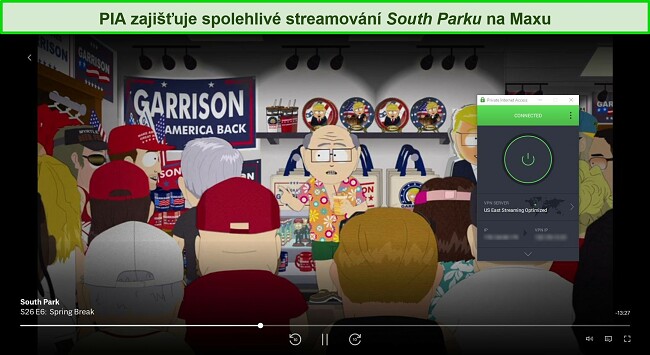 Sn&iacute;mek obrazovky PIA VPN streamov&aacute;n&iacute; South Park na Max.