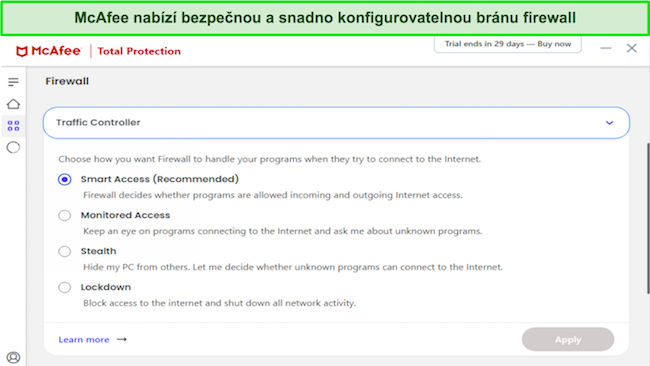 Sn&iacute;mek obrazovky zobrazuj&iacute;c&iacute; možnosti přizpůsoben&iacute; br&aacute;ny firewall společnosti McAfee