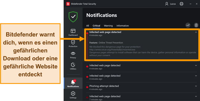 Benachrichtigungen &uuml;ber Bitdefender-Desktop-Bedrohungen.