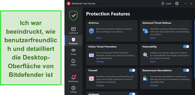 Screenshot der Windows-App-Oberfl&auml;che von Bitdefender