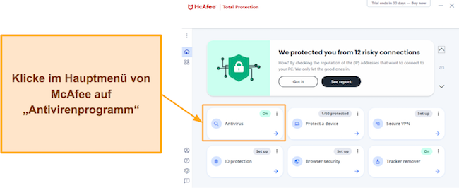 Screenshot, der zeigt, wie Sie auf den Abschnitt &bdquo;Scans&ldquo; in McAfee zugreifen