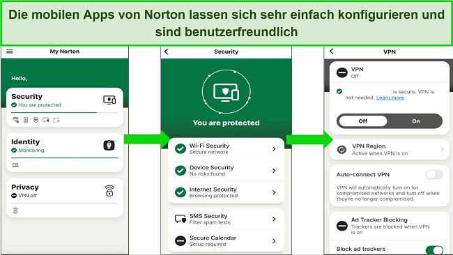 Screenshot der iOS-App von Norton, der zeigt, wie sauber und einfach die Benutzeroberfl&auml;che ist, wodurch Anf&auml;ngern die Navigation erleichtert wird.