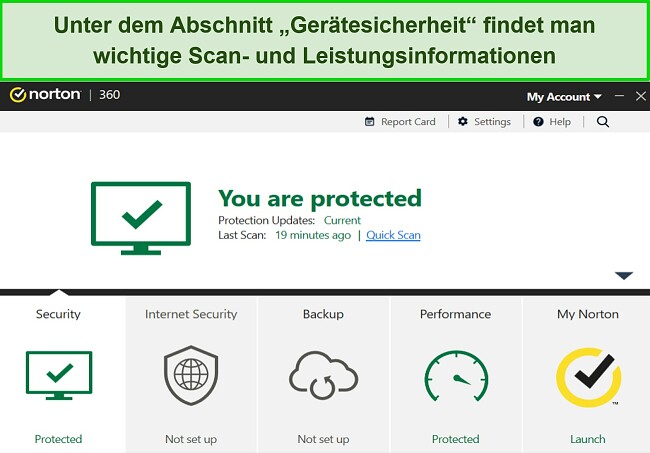 Screenshot des Ger&auml;tesicherheits-Dashboards von Norton f&uuml;r Windows.