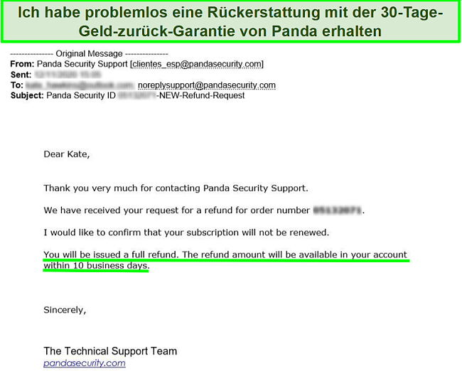 E-Mail mit der vollst&auml;ndigen R&uuml;ckerstattung, die von Panda Antivirus mit der 30-t&auml;gigen Geld-zur&uuml;ck-Garantie genehmigt wurde