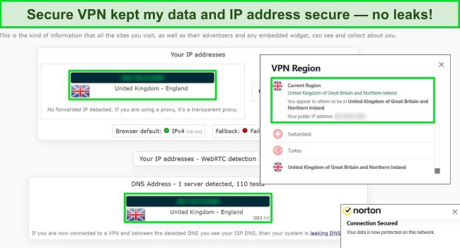 Norton review displaying the result of a Secure VPN leak test for a UK server. Norton review displaying the result of a Secure VPN leak test for a UK server.